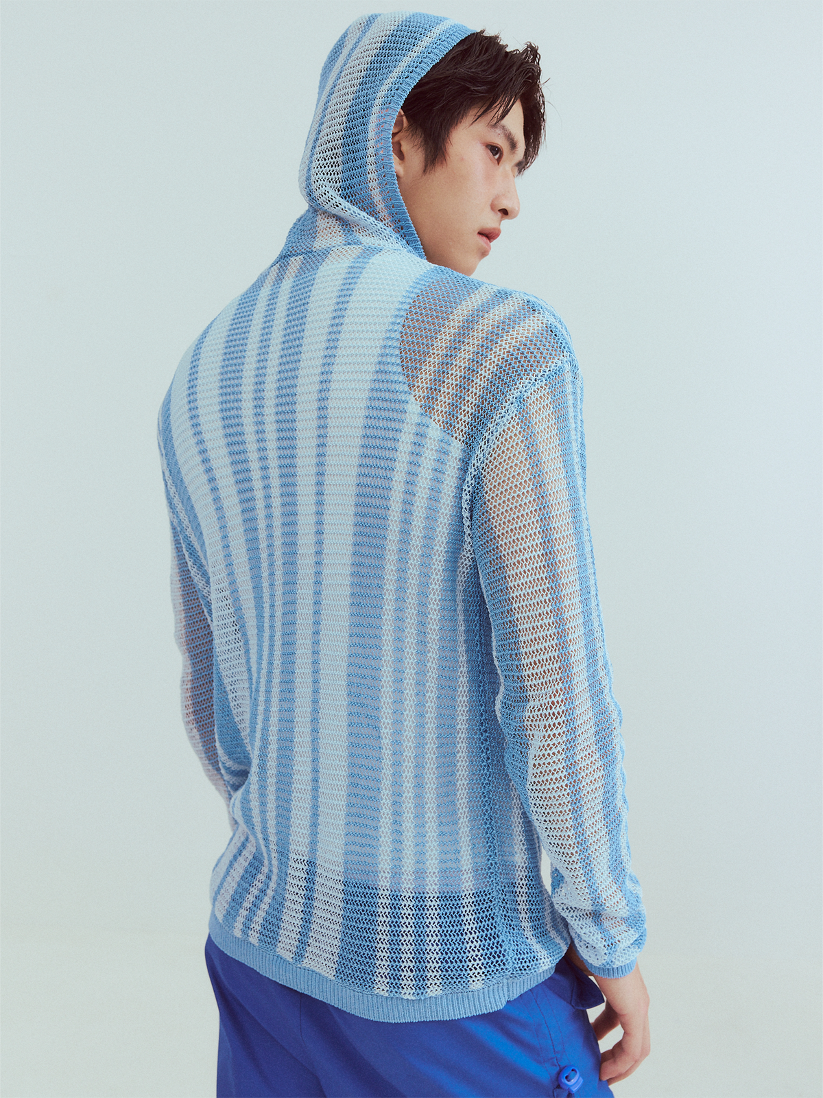 KADAKADA Striped Open-Knit Deep V Hooded Sweater