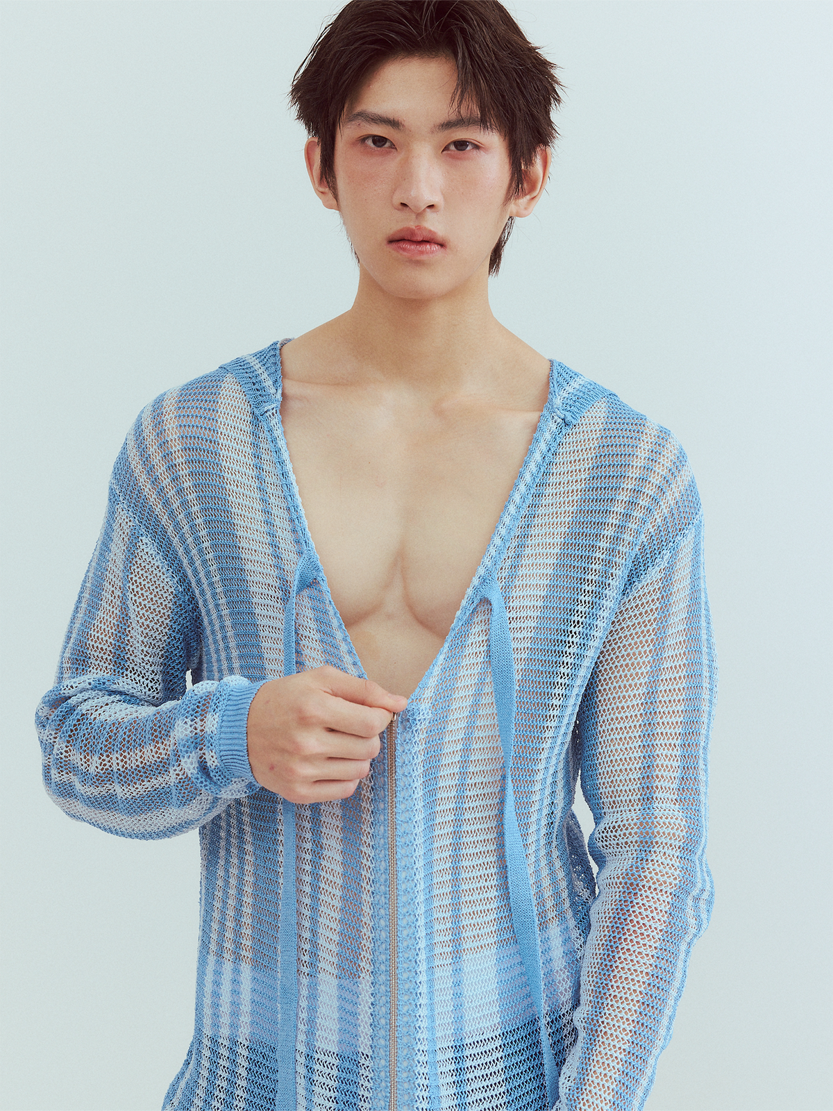 KADAKADA Striped Open-Knit Deep V Hooded Sweater