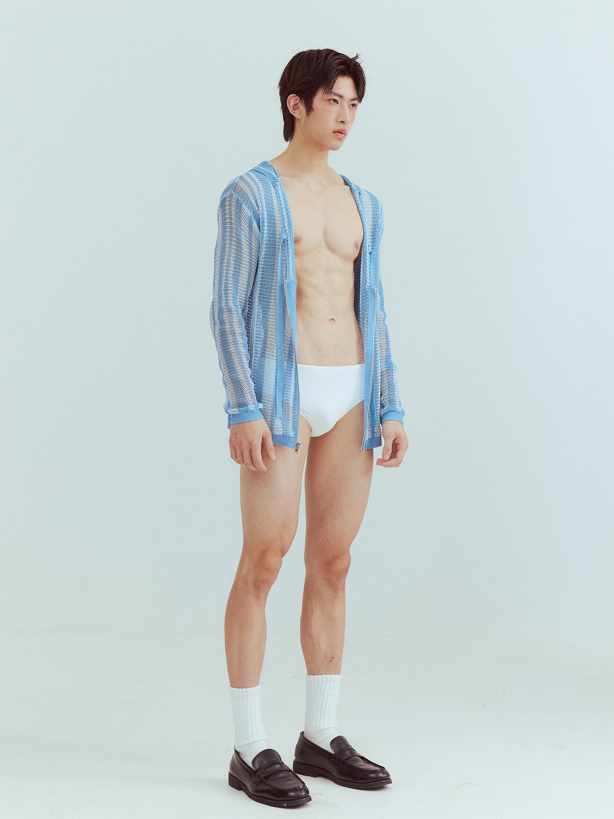 KADAKADA Striped Open-Knit Deep V Hooded Sweater