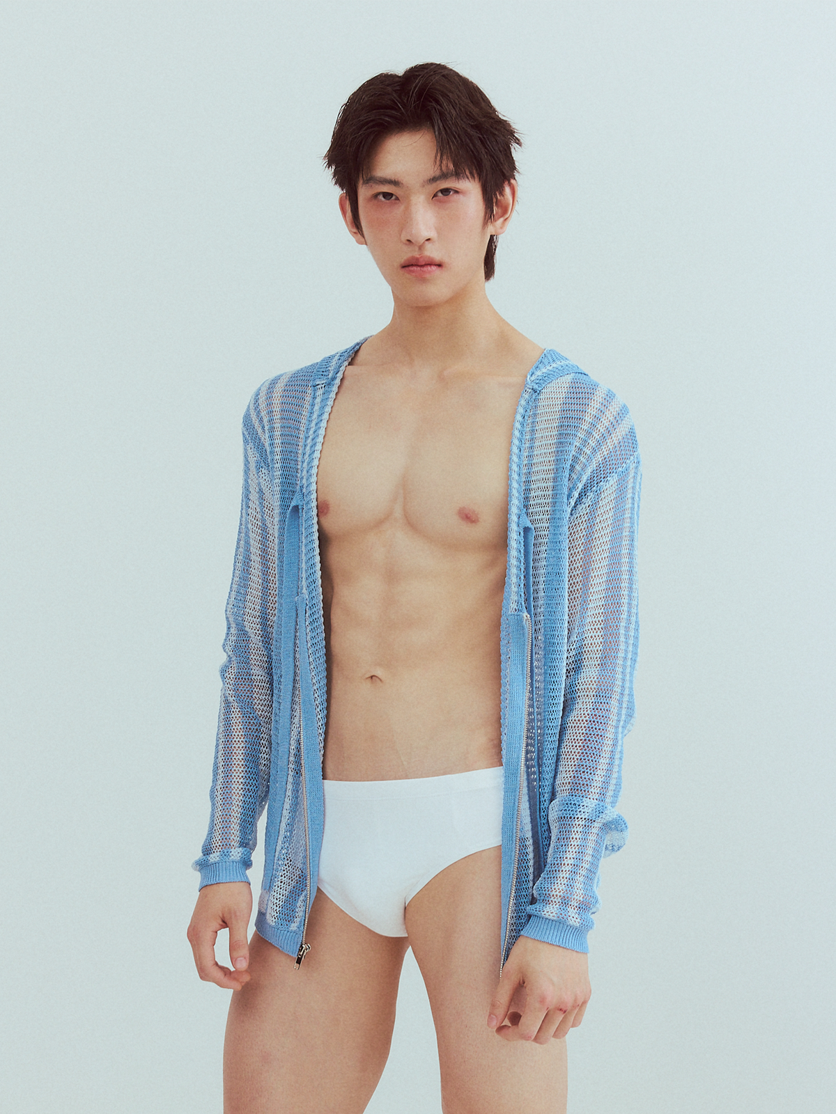 KADAKADA Striped Open-Knit Deep V Hooded Sweater