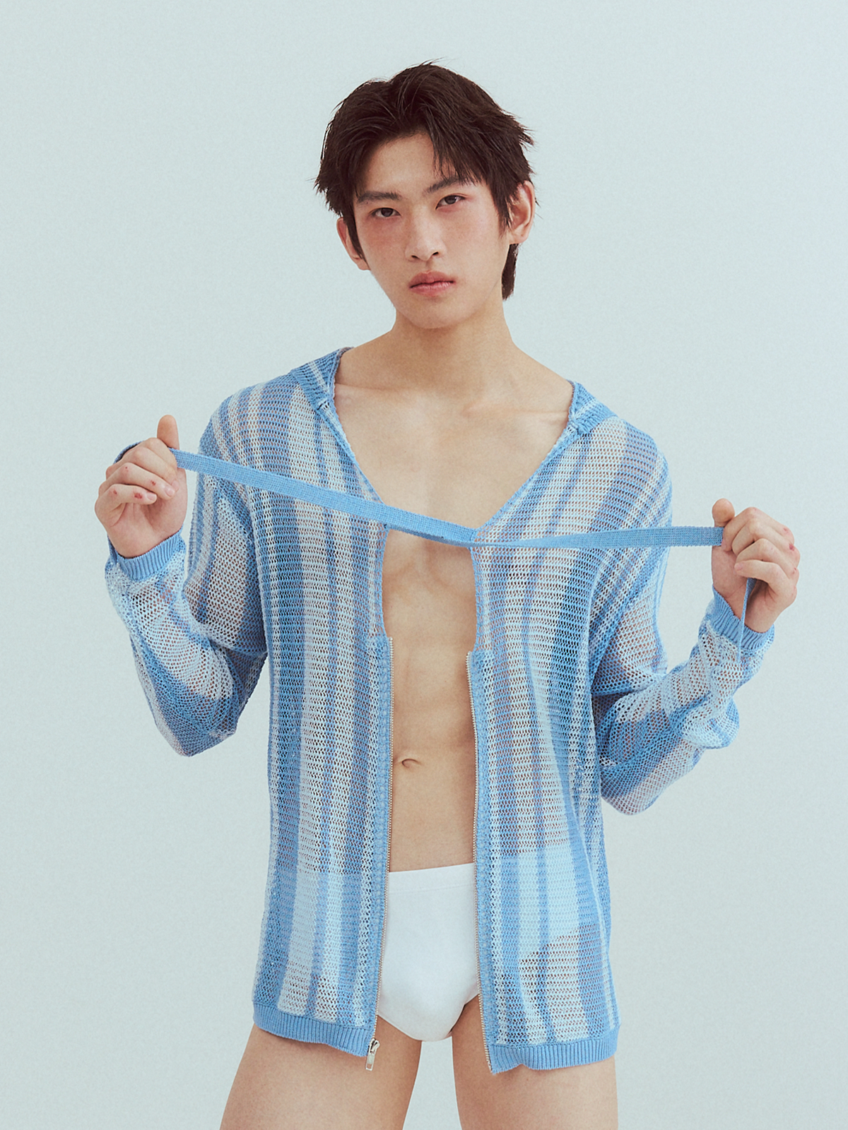 KADAKADA Striped Open-Knit Deep V Hooded Sweater