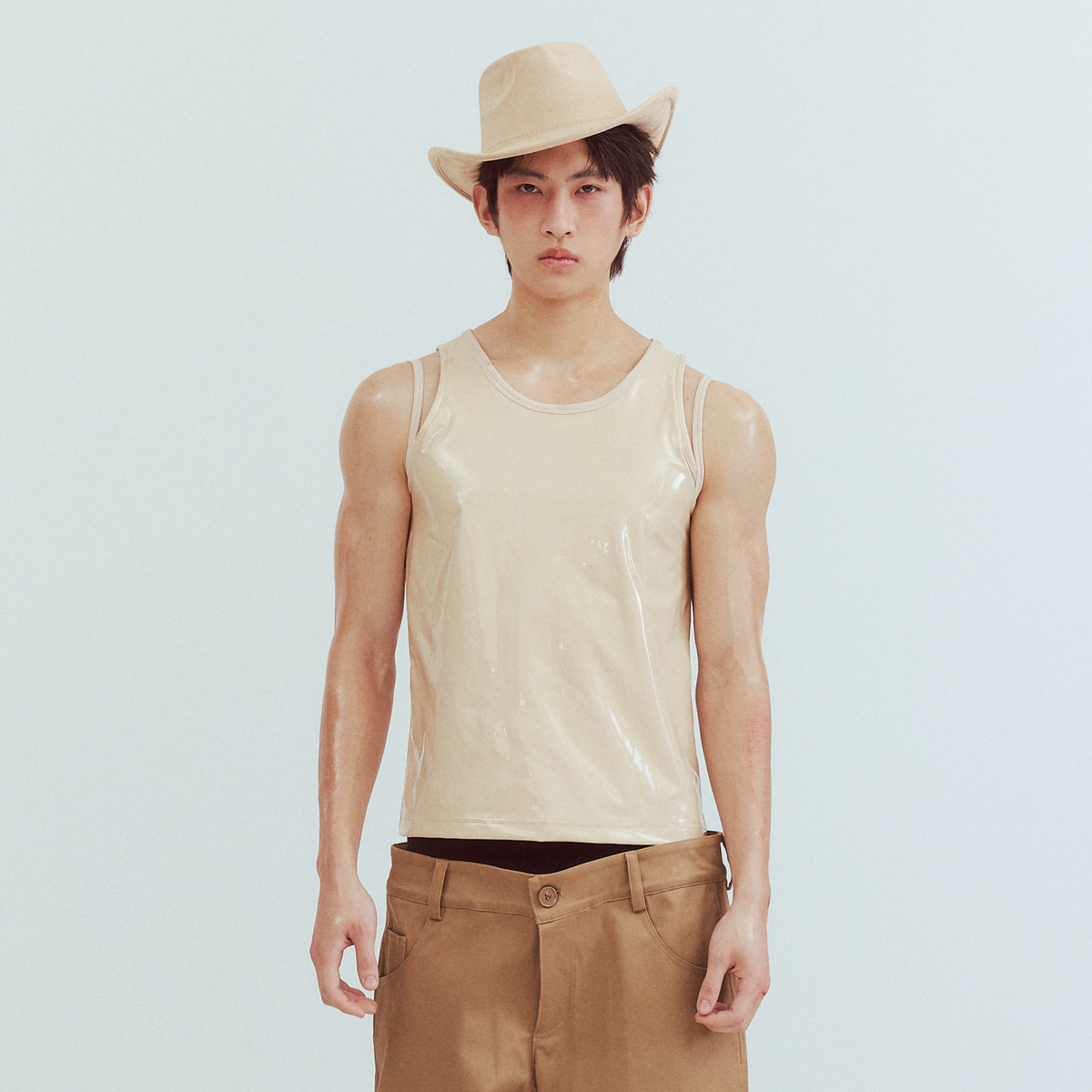 KADAKADA Patent Shine Layered Strap Ribbed Tank Top