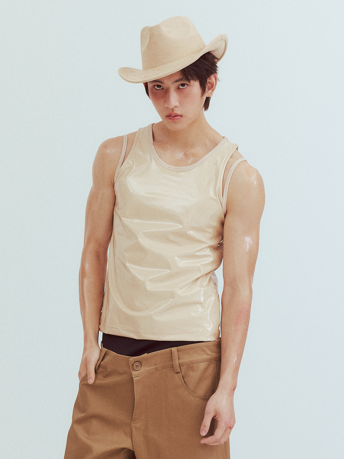 KADAKADA Patent Shine Layered Strap Ribbed Tank Top