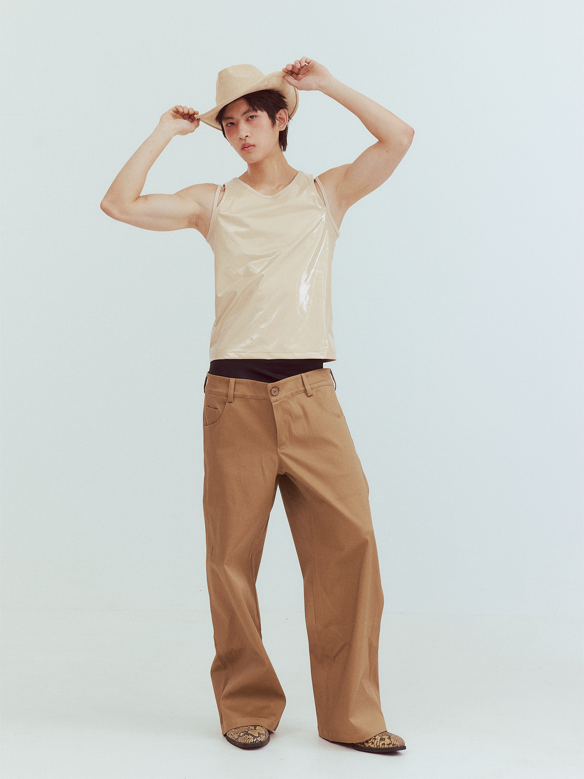 KADAKADA Patent Shine Layered Strap Ribbed Tank Top