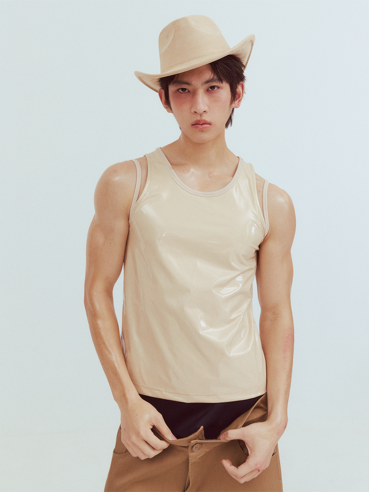 KADAKADA Patent Shine Layered Strap Ribbed Tank Top