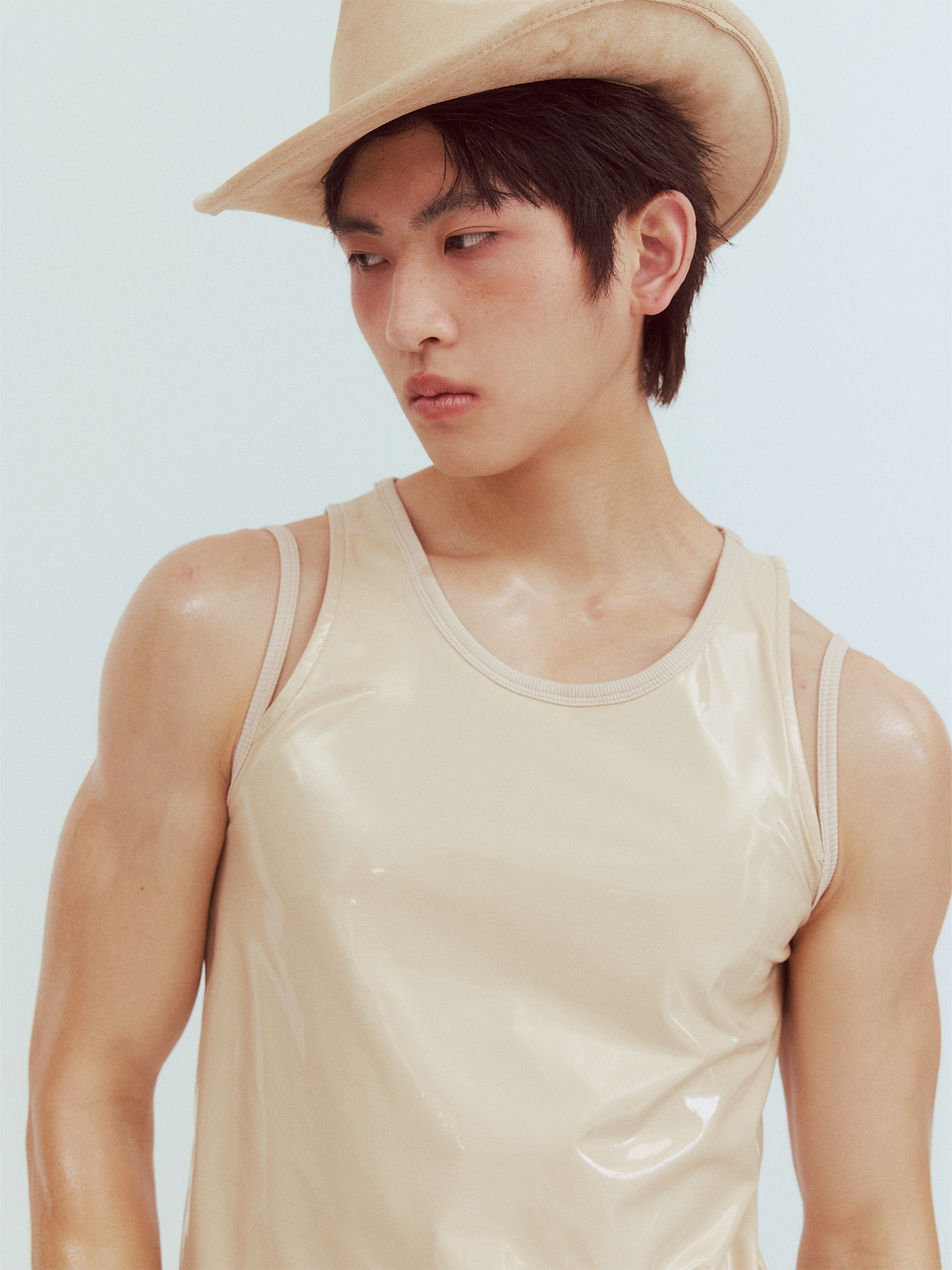 KADAKADA Patent Shine Layered Strap Ribbed Tank Top