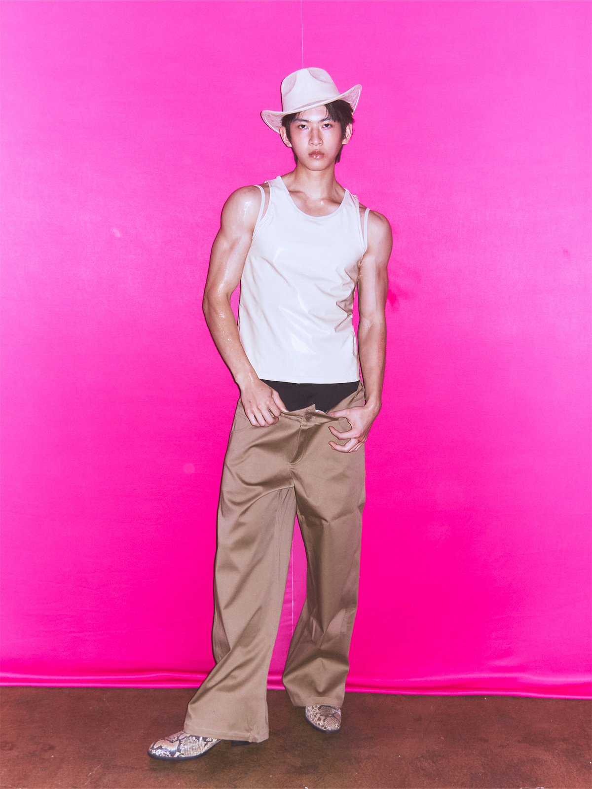 KADAKADA Patent Shine Layered Strap Ribbed Tank Top
