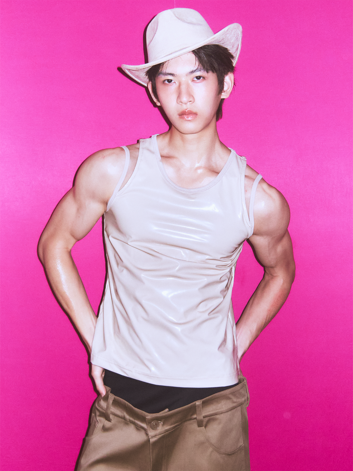 KADAKADA Patent Shine Layered Strap Ribbed Tank Top