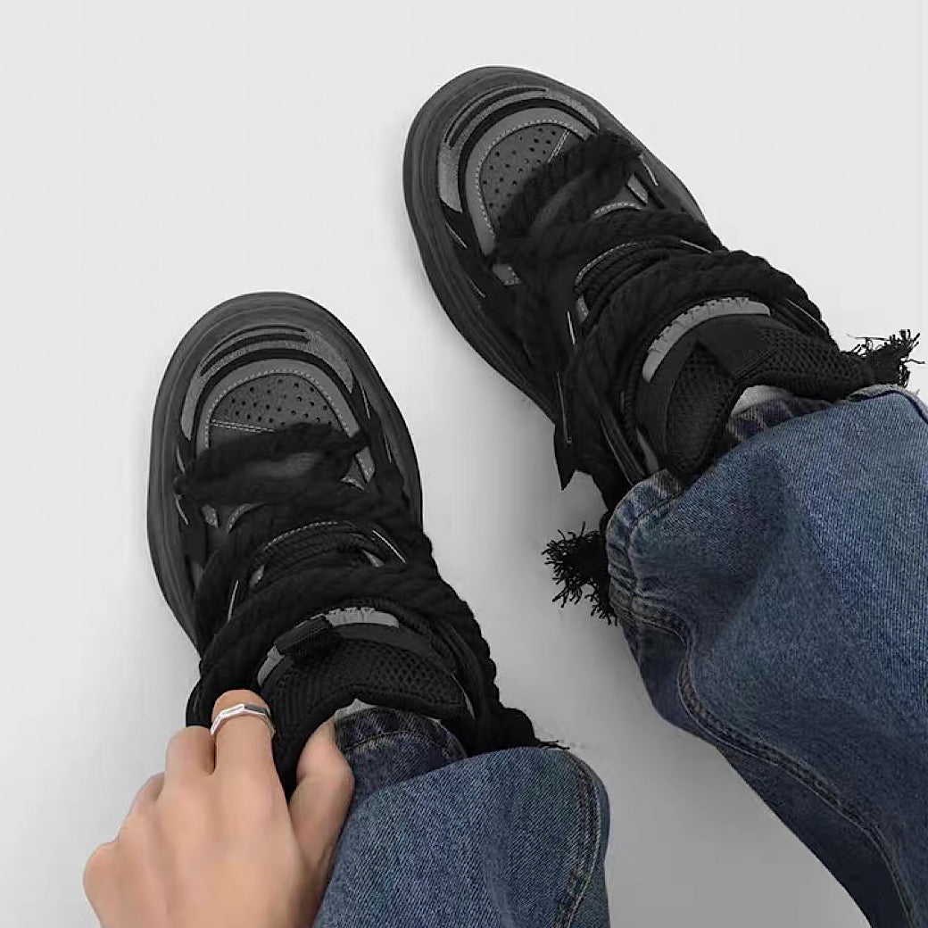 Multi-lace design muted color stained sneakers