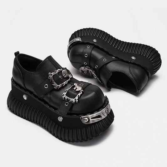 Gothic punk simple black belt design sneakers  HL3239