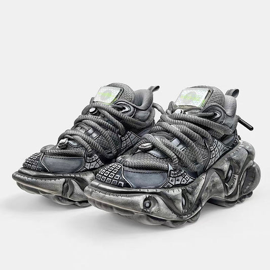 Decadent distressed finish grey silver dull color gimmick wide sneakers  HL3215