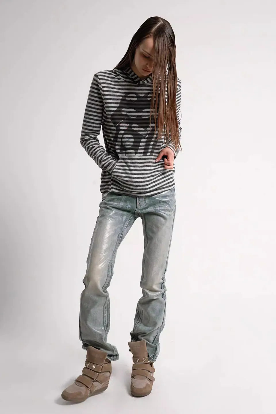 Ice Blue Cracked Coating Jeans