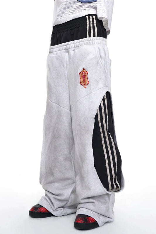 Layered Waist Striped Wide Sweat Pants