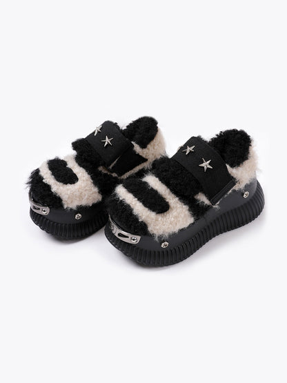 Beige Y2K Platform Fuzzy Star Detail Sneakers