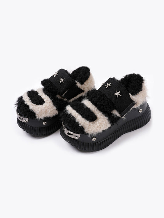 Beige Y2K Platform Fuzzy Star Detail Sneakers