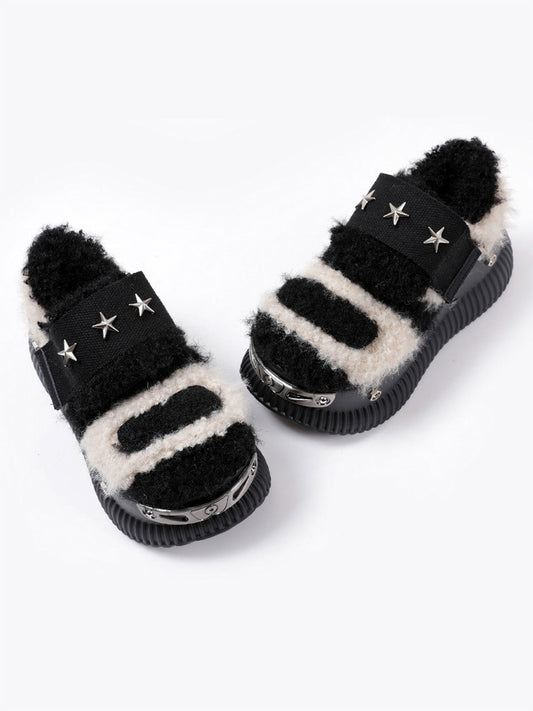 Beige Y2K Platform Fuzzy Star Detail Sneakers