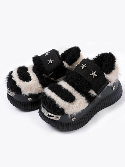 Beige Y2K Platform Fuzzy Star Detail Sneakers
