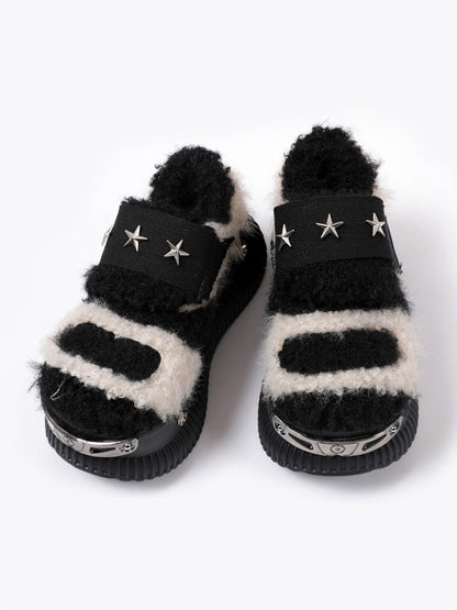 Beige Y2K Platform Fuzzy Star Detail Sneakers