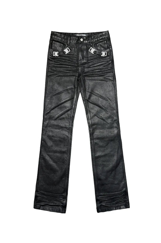 Metal Buckle Waxed Skinny Jeans