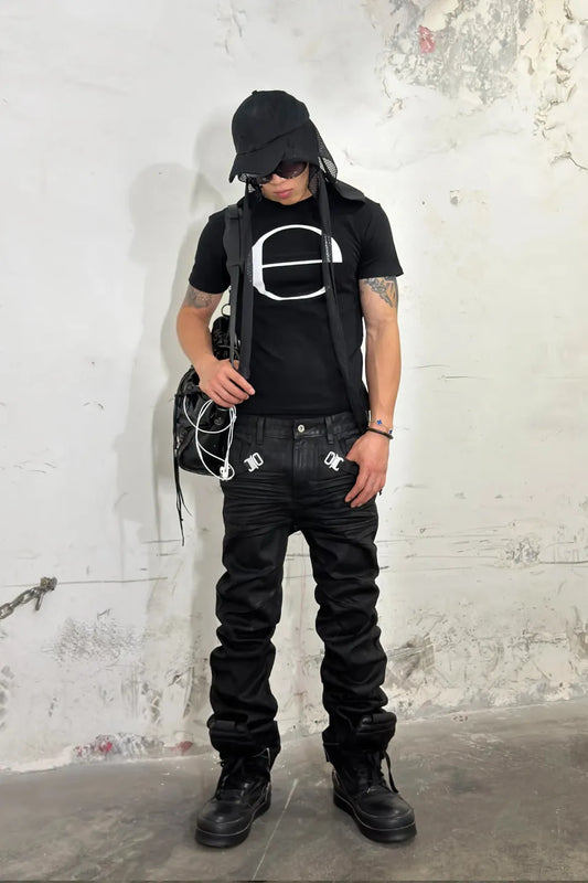 Metal Buckle Waxed Skinny Jeans