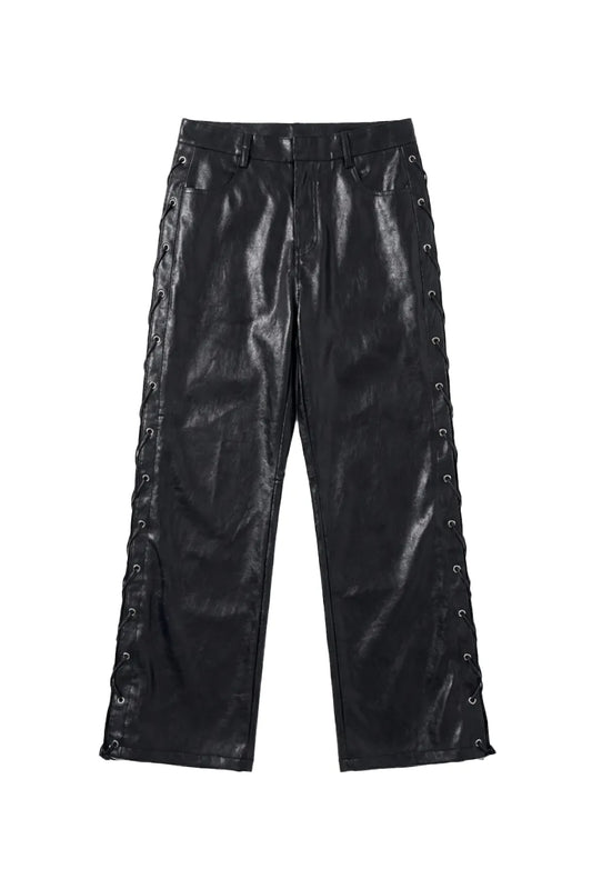 Metallic Coated Lace Up Waxed Micro Flare Jeans