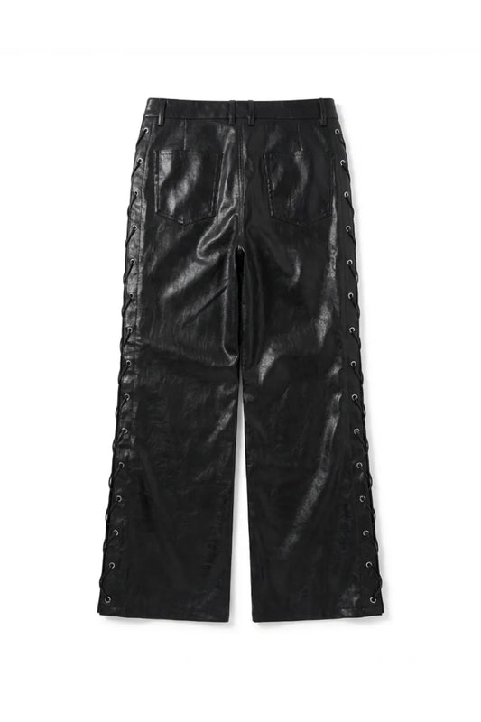Metallic Coated Lace Up Waxed Micro Flare Jeans