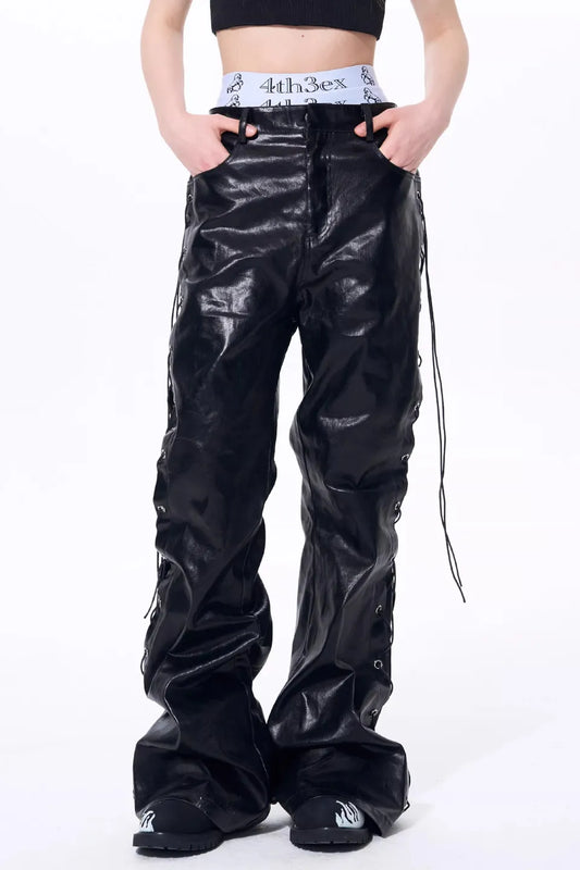 Metallic Coated Lace Up Waxed Micro Flare Jeans