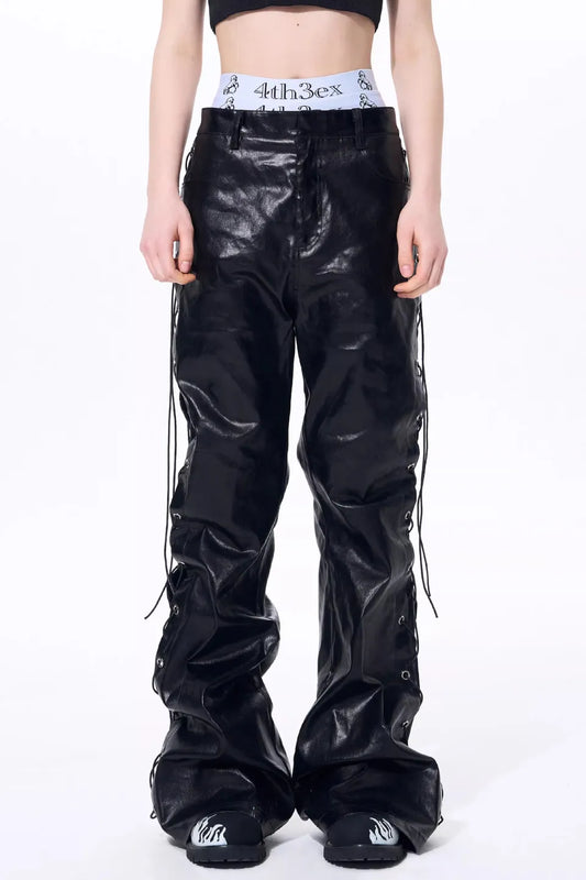 Metallic Coated Lace Up Waxed Micro Flare Jeans