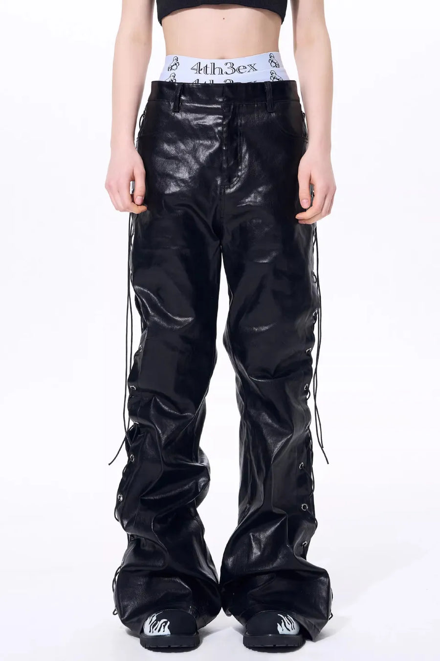Metallic Coated Lace Up Waxed Micro Flare Jeans