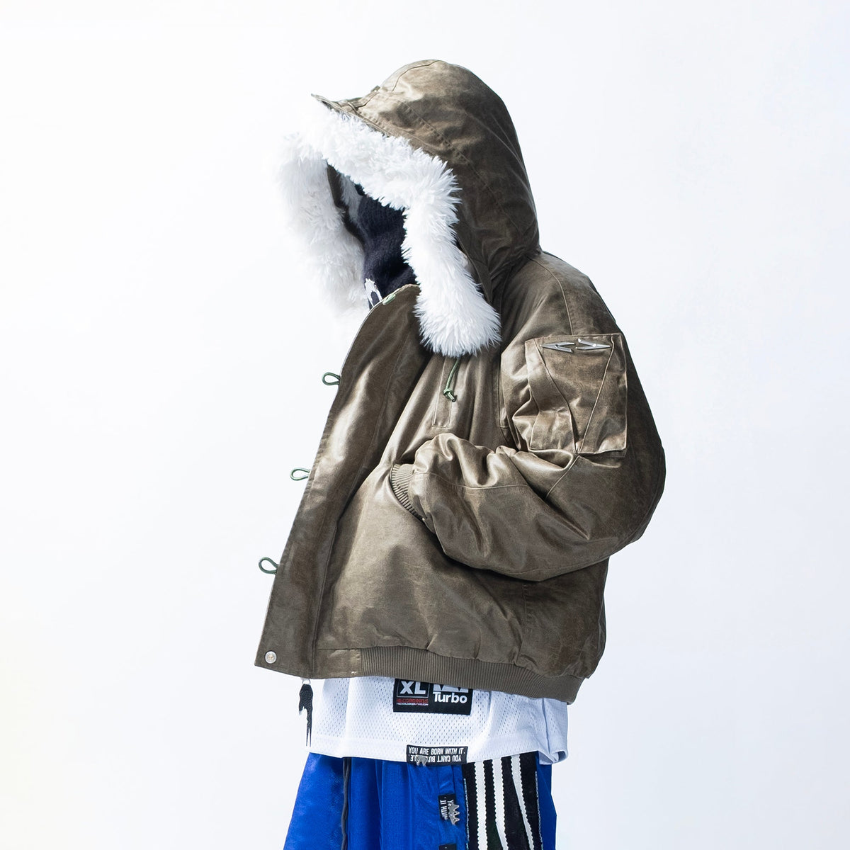 FVVO Faux Fur Liner Hooded Bomber Jacket