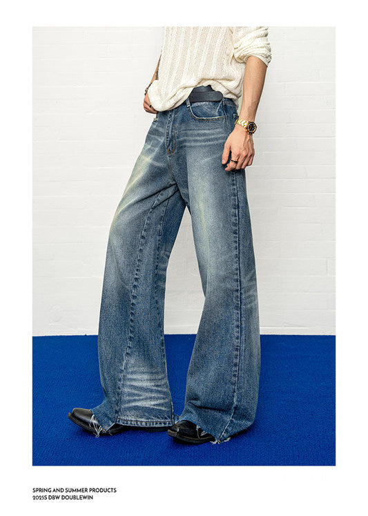 Water-washed micro-ripped jeans