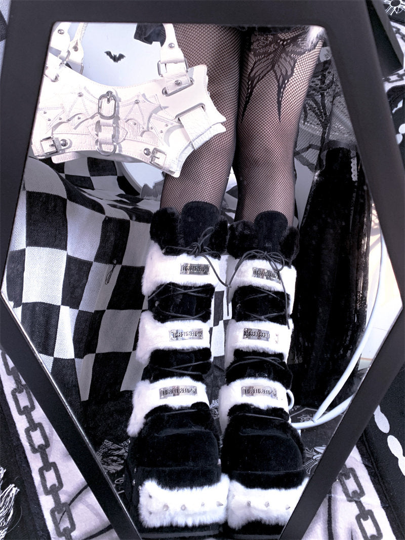 Y2K Rivet Fake Fur Platform Long Boots