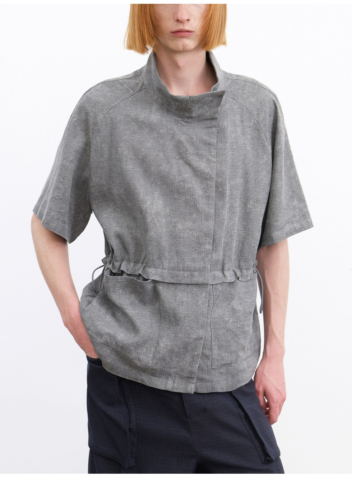 Shirt with a Slanted Collar and Fitted Waist