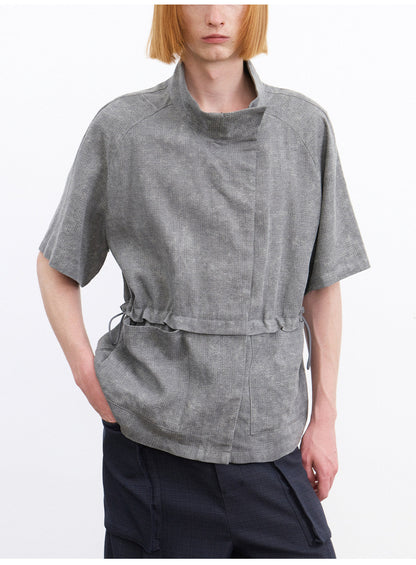 Shirt with a Slanted Collar and Fitted Waist