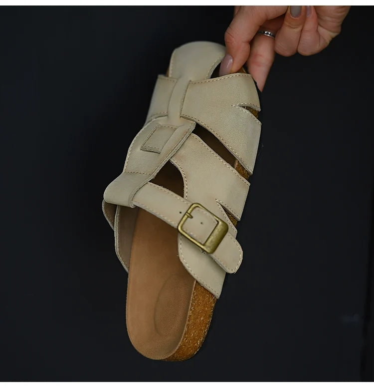 Beige Leather Buckle Strap Sandals