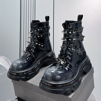 Patent Strap Buckle Spike Platform Boots