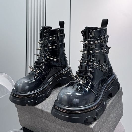 Patent Strap Buckle Spike Platform Boots