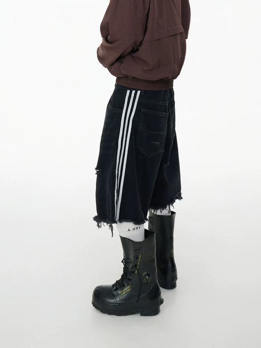 Washed Damage Fringe Wide Leg Three-Stripe Half Denim Jeans
