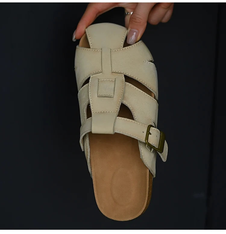 Beige Leather Buckle Strap Sandals