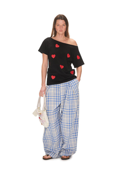 Blue Checkered Pleated Casual Pants