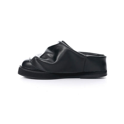 Wrinkled Chunky Sole Leather Mule Shoes