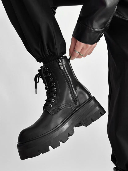 Chunky Lug Sole Platform Lace-Up Zipper Boots