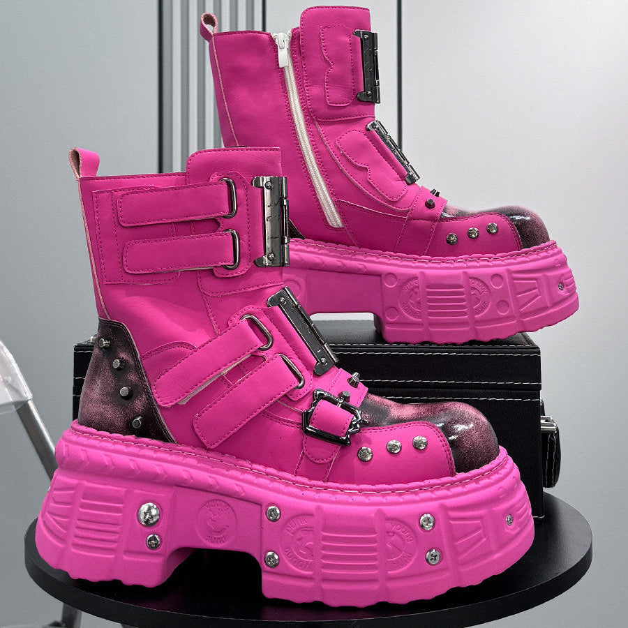 Patent Strap Buckle Studs Platform Short Boots