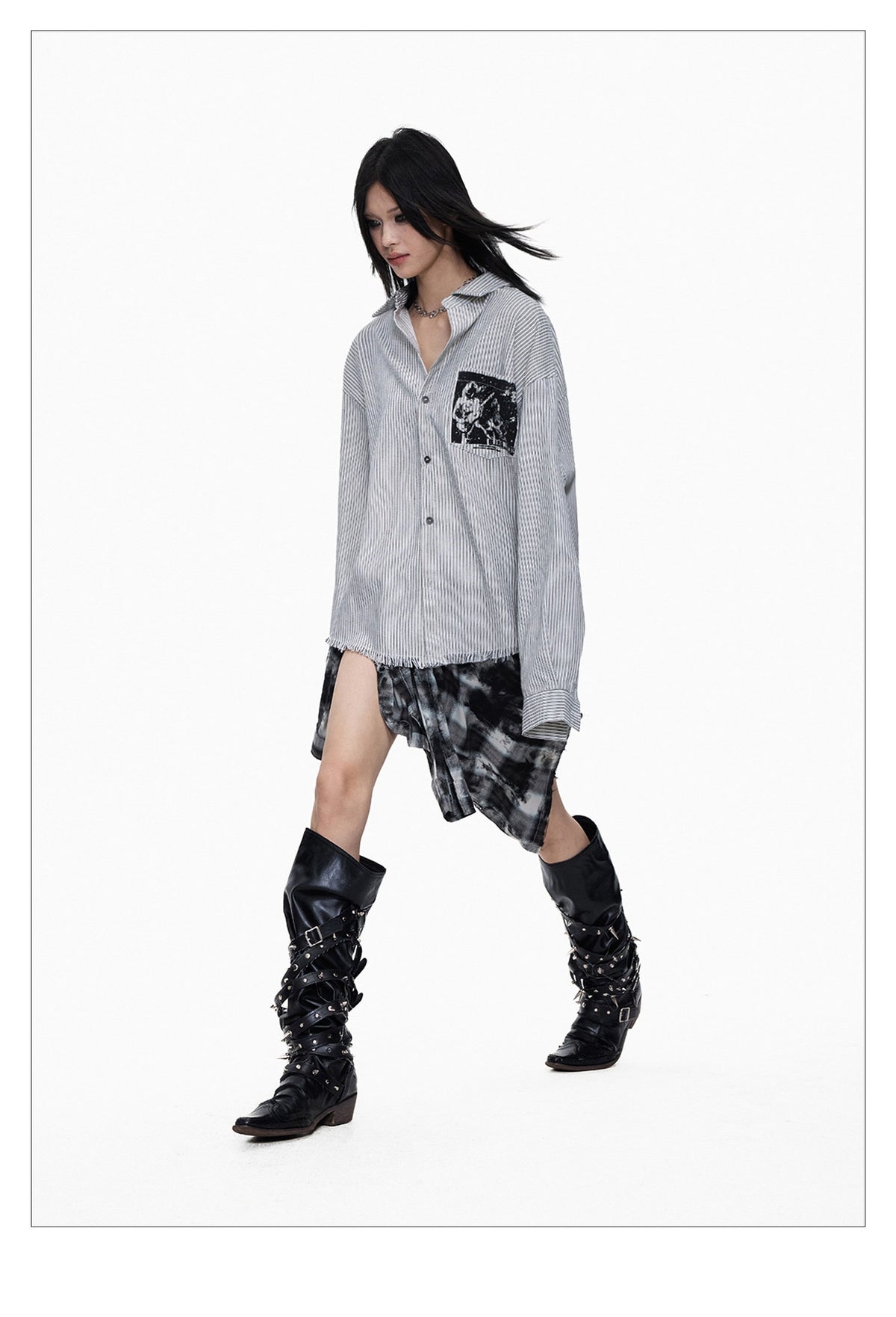 Punk Print Loose-fit Striped Shirt