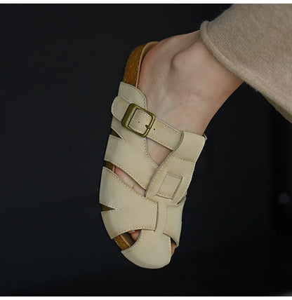 Beige Leather Buckle Strap Sandals