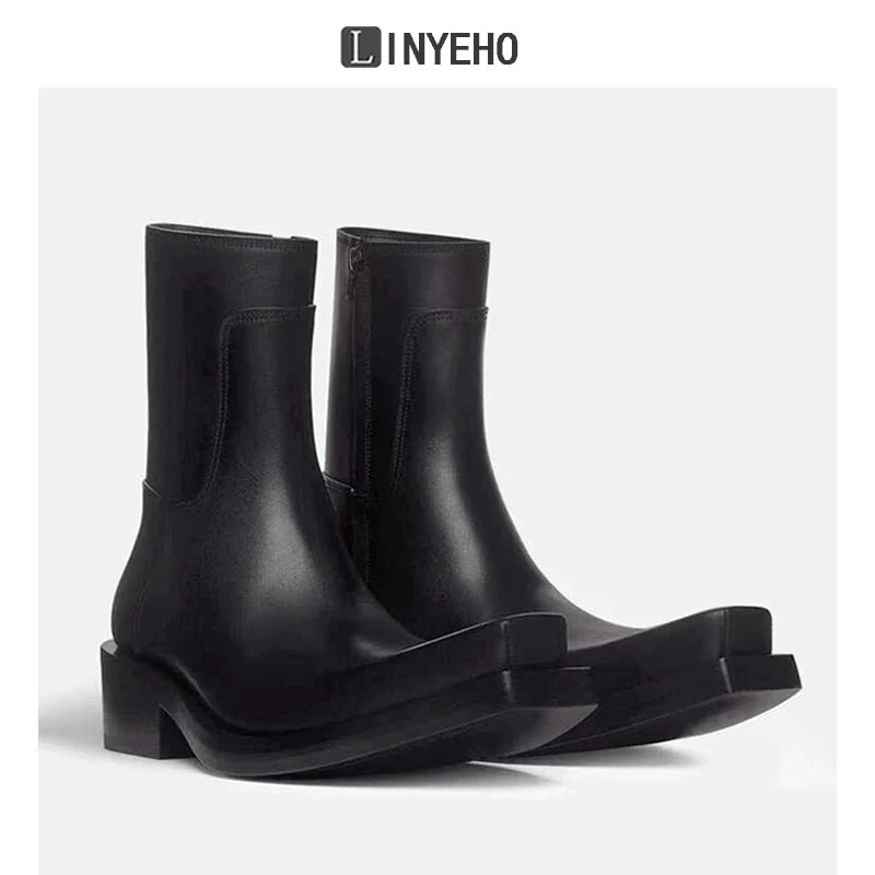 Square Toe Chunky Sole Leather Upturned Toe Chelsea Boots