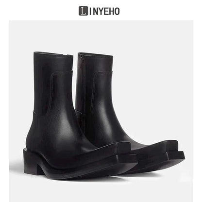 Square Toe Chunky Sole Leather Upturned Toe Chelsea Boots