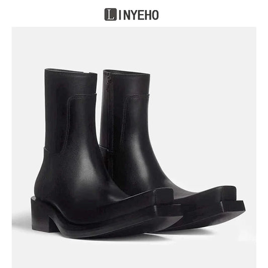 Square Toe Chunky Sole Leather Upturned Toe Chelsea Boots
