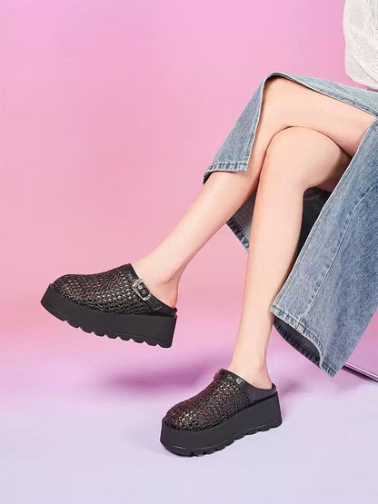 Woven Cut Out Platform Mules-Black