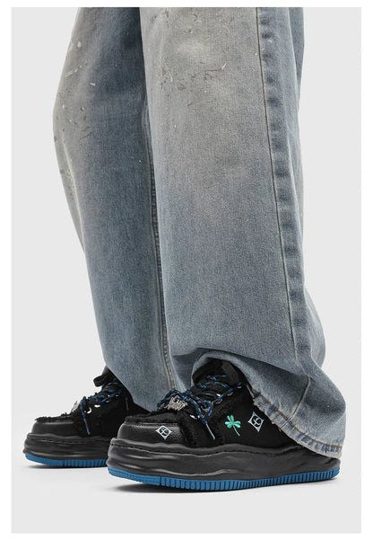 Distressed Embroidered Platform Sneakers